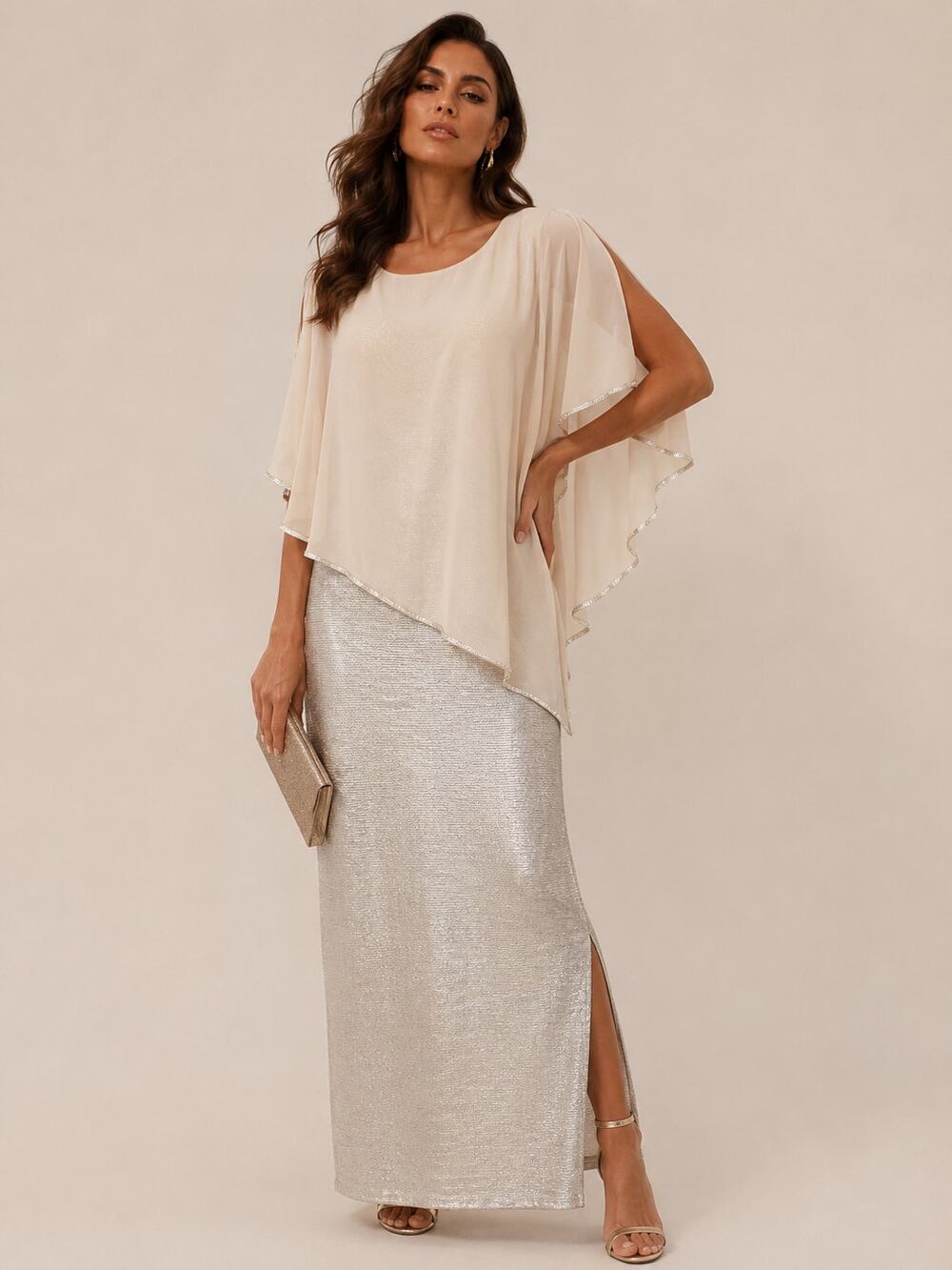 Frank Lyman NEW Metallic Cape Overlay Evening Gown Wedding Guest Dress Size 8